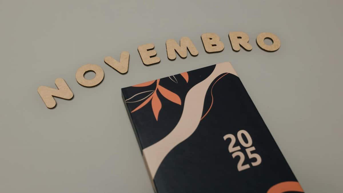 Minimalist planner cover with 'Novembro' letters and 2025 year.