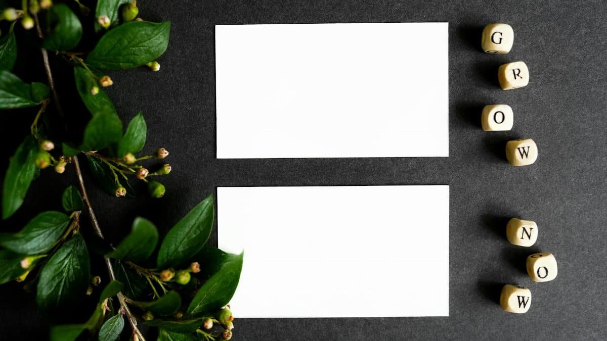 Nature-inspired blank mockup on dark background with green leaves and dice spelling 'GROW NOW.' Perfect for branding and design.