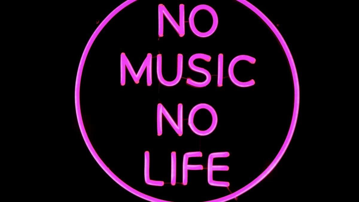 Bright pink neon sign declaring 'No Music No Life' on a black background.