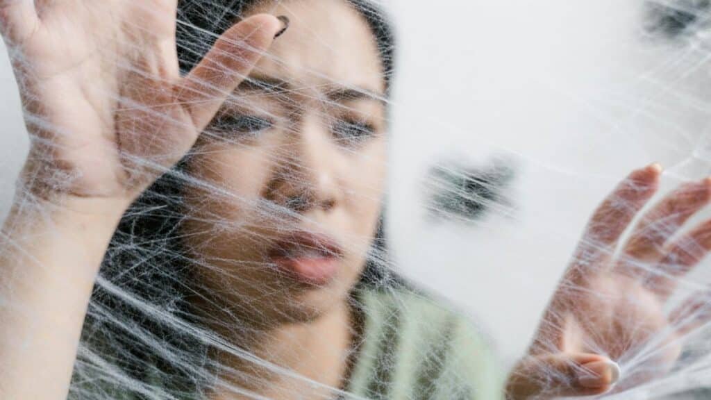 Close-up of a woman looking trapped behind a spider web, conveying anxiety.