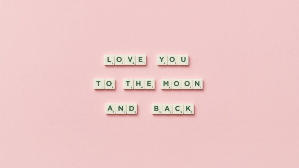 Letter tiles spelling 'Love You to the Moon and Back' on a pink background.