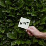 A hand holding a note with the word 'WHY?' against a backdrop of green leaves.