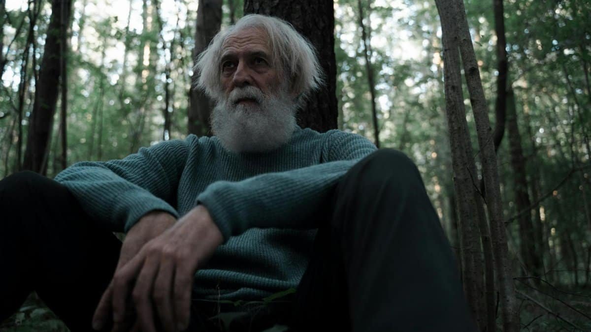 An elderly man with a beard sits thoughtfully in a serene forest setting. Natural and reflective.