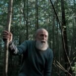 Elderly man with grey beard exploring a lush forest, holding a wooden staff.