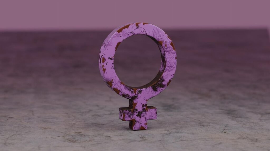 A rusty pink female gender symbol displayed on a textured surface, signifying femininity and resilience.