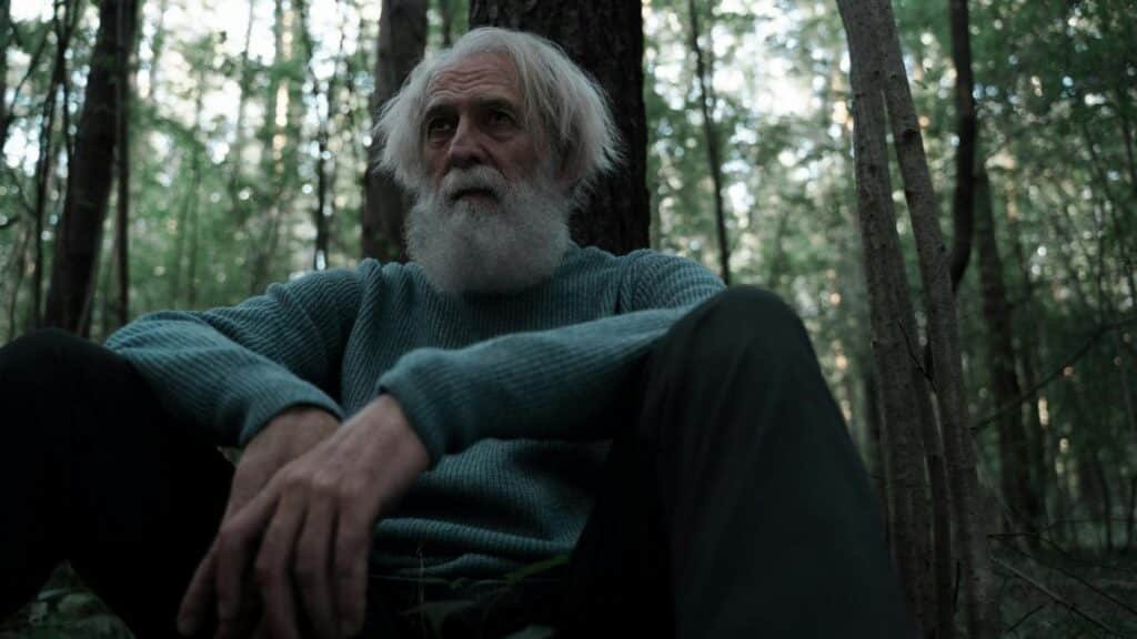 An elderly man with a beard sits thoughtfully in a serene forest setting. Natural and reflective.