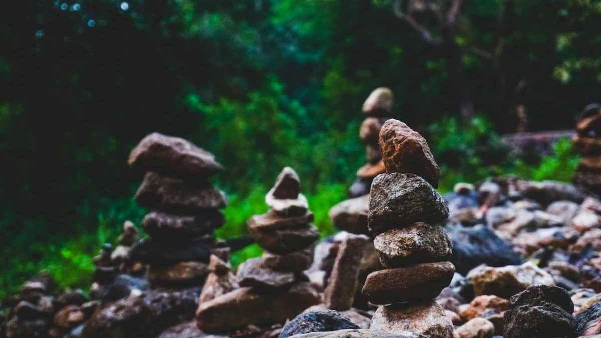 Zen garden featuring balanced rocks in a lush, tranquil forest setting.