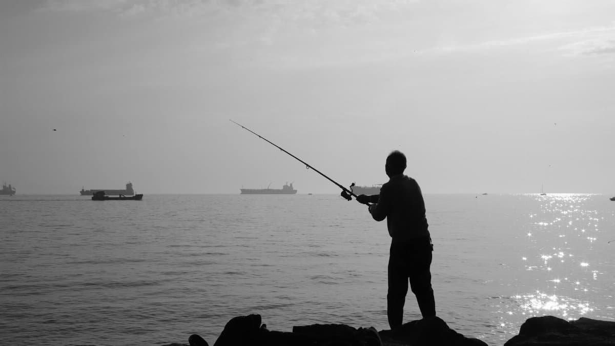 A peaceful scene of a man fishing by the sea as ships pass by in the early morning light.