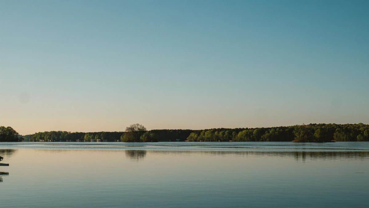 Serene lake view at sunrise with calm waters reflecting the clear sky and lush trees.