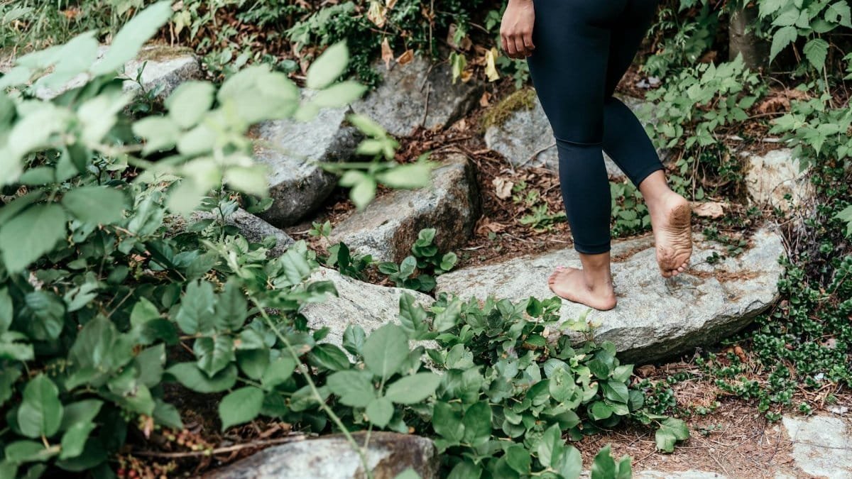 Adult walking barefoot on a rocky path surrounded by greenery, embracing nature's connection.