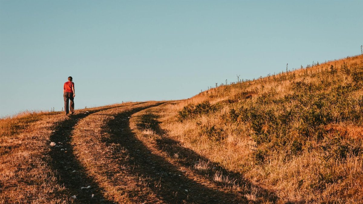 A lone hiker walks up a winding dirt path on a warm summer evening.