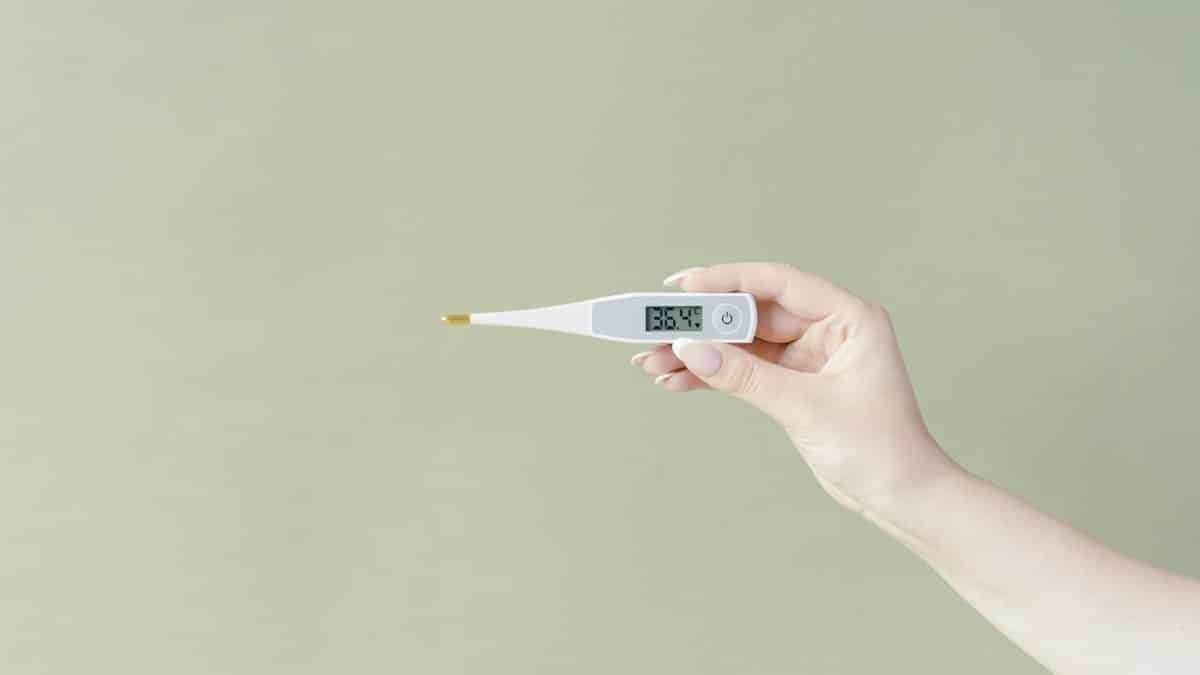 Hand holding a digital thermometer displaying 36.4°C on a light green background, minimalistic style.
