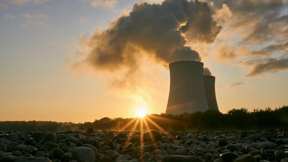 A nuclear power plant emitting steam at sunrise, creating a dramatic skyline with visible air pollution.