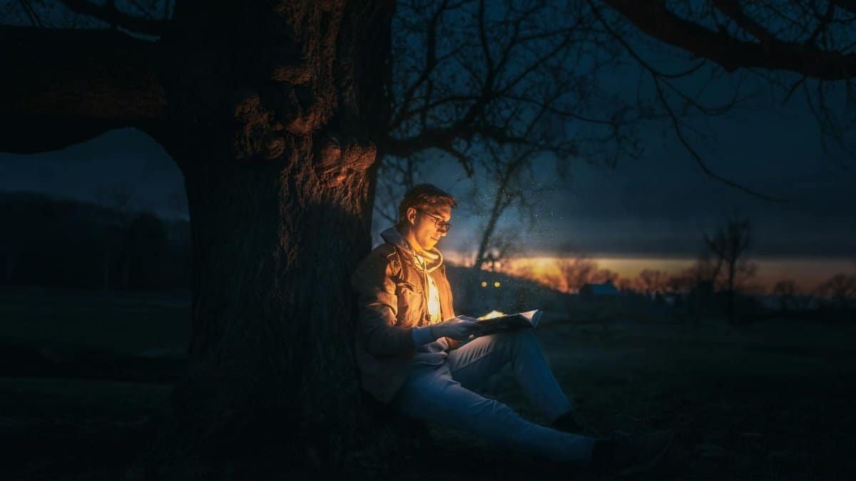 A man reading under a tree at night, illuminated by a glowing book.