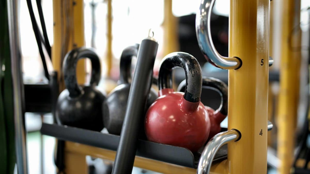 Set of different kettlebells placed in row on metal platform on modern fitness equipment in sport center