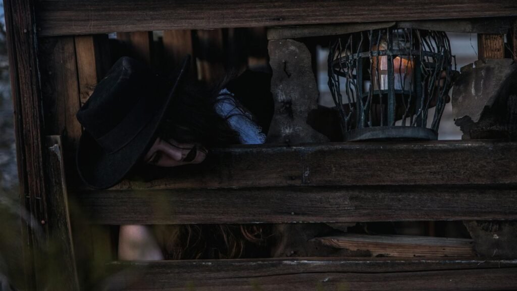 Dark and mysterious scene with a woman in a wooden enclosure, featuring a dimly lit lantern.
