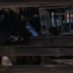 Dark and mysterious scene with a woman in a wooden enclosure, featuring a dimly lit lantern.