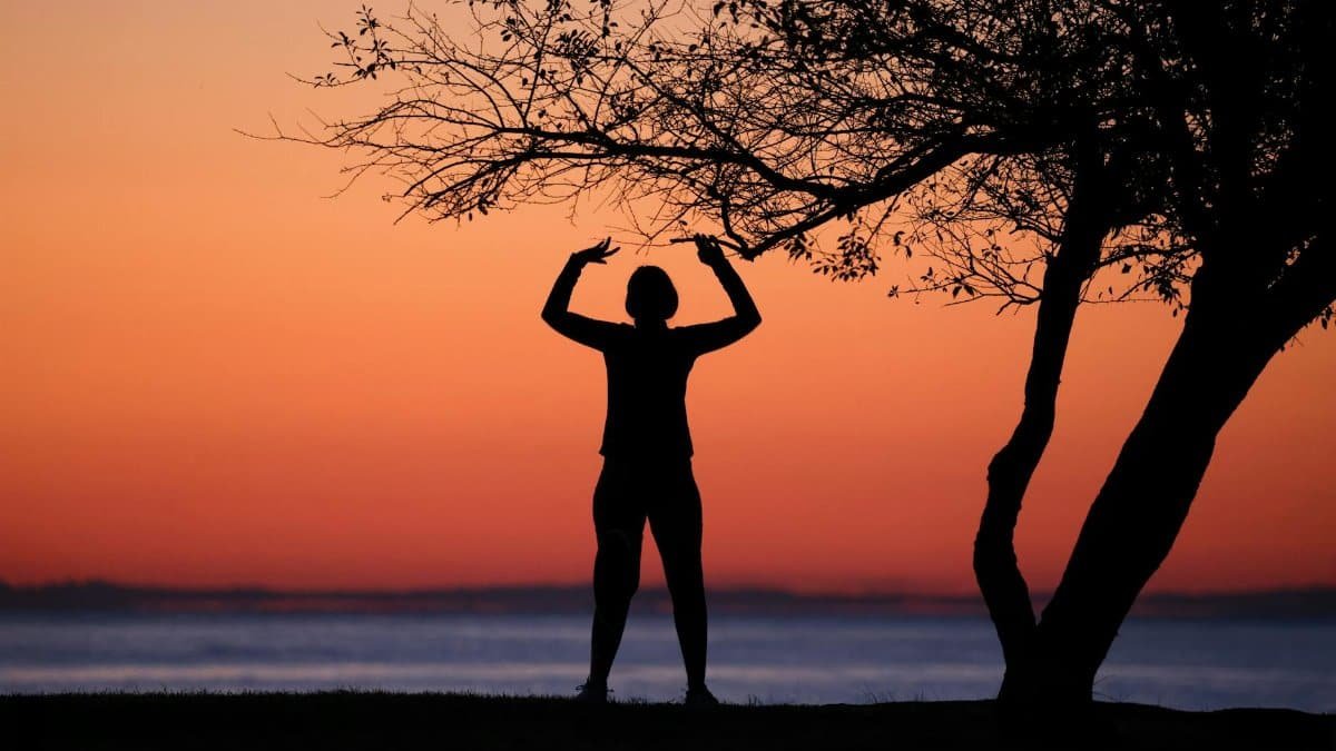 Silhouette of an individual stretching near a tree with a stunning sunset backdrop by the ocean.