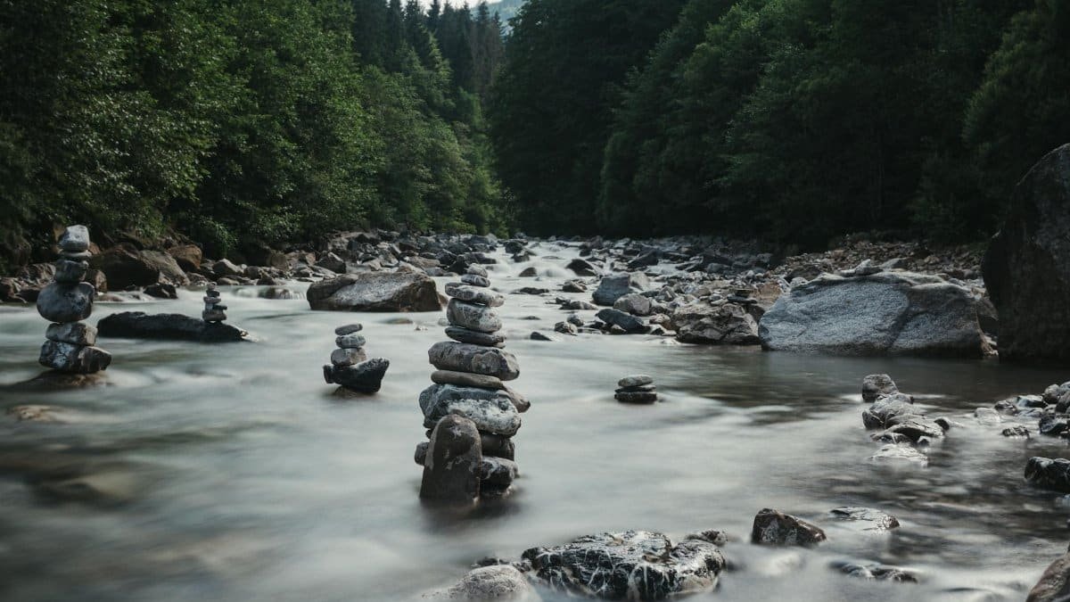 Peaceful river flowing through a lush forest with stone cairns stacked in tranquil surroundings.