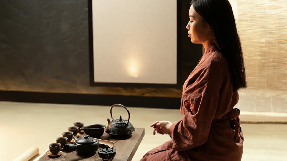 An Asian woman in a kimono kneeling at a tea ceremony table indoors.