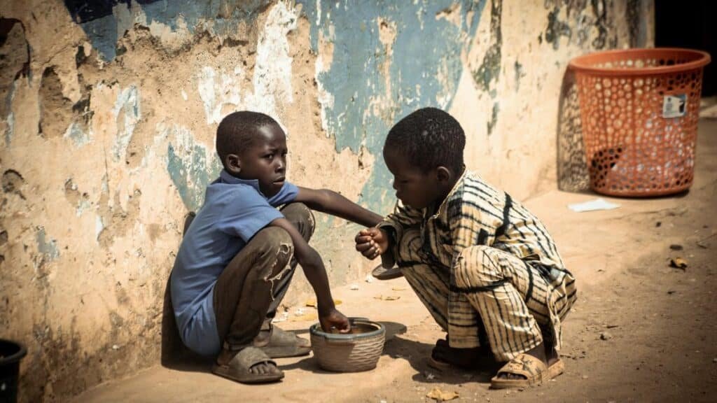 Two boys share a meal outdoors, highlighting themes of poverty and resilience.