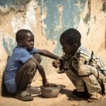 Two boys share a meal outdoors, highlighting themes of poverty and resilience.