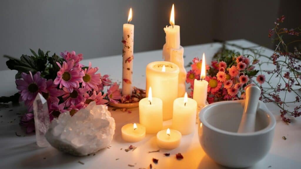 A tranquil aromatherapy scene featuring lit candles, pink flowers, and crystal accents on a white desk.
