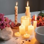 A tranquil aromatherapy scene featuring lit candles, pink flowers, and crystal accents on a white desk.