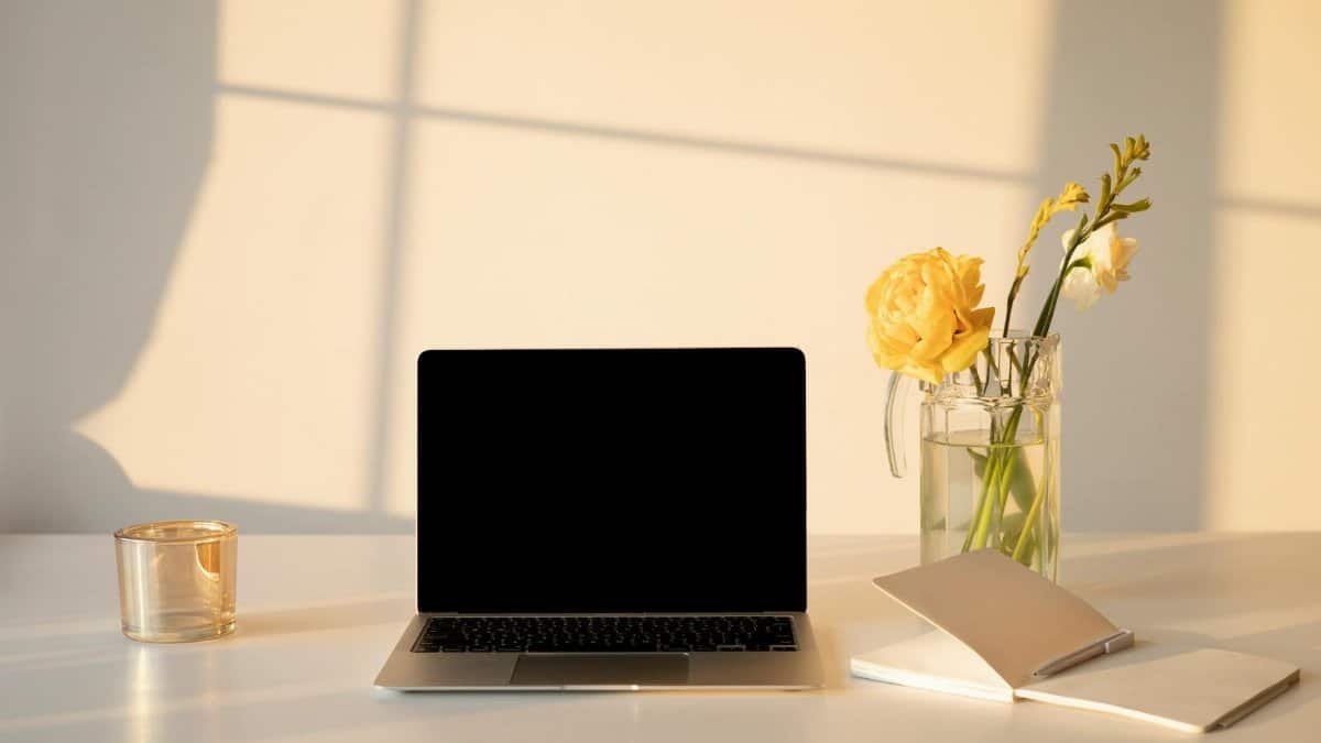 A serene minimalist workspace featuring a laptop, flowers, and a notebook, ideal for productivity and creativity.