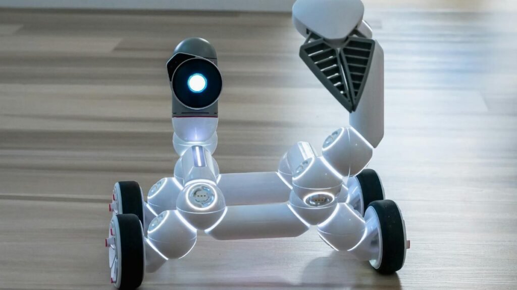 Close-up of a wheeled robot toy with a spotlight in an indoor setting, showcasing modern technology.