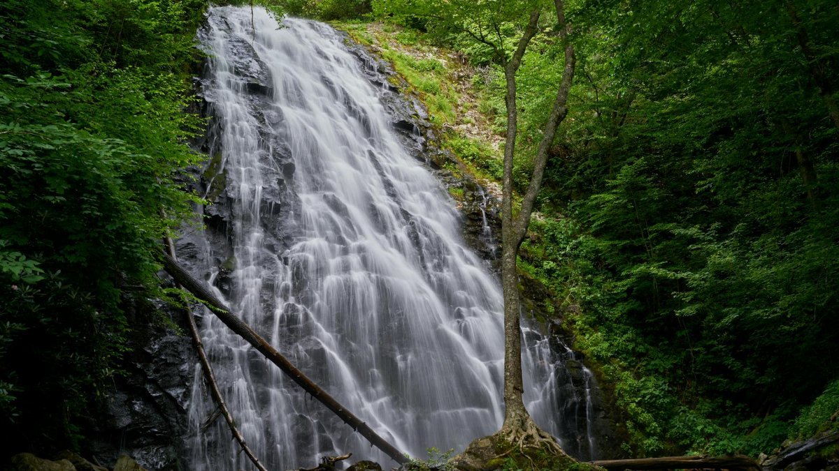 Beautiful waterfall cascading through lush greenery at South Toe, NC. A serene nature escape.