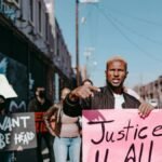 A group of activists holding signs demanding justice during a peaceful protest in the city.