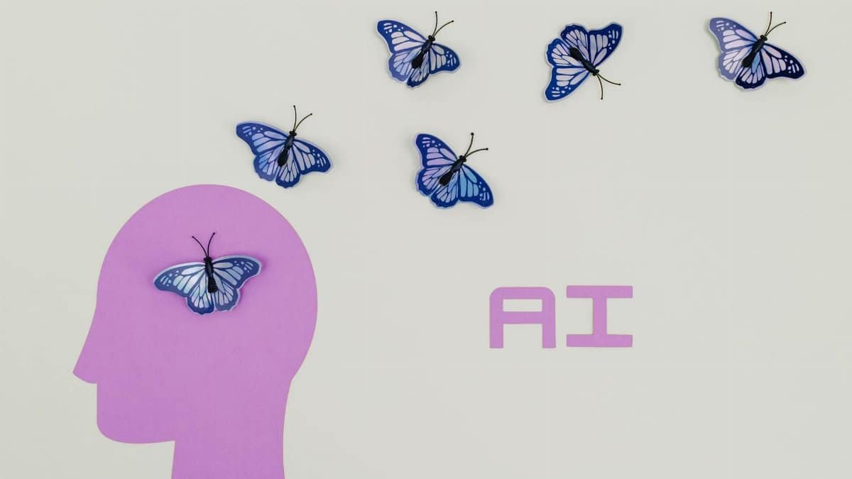 Surreal AI conceptual art featuring butterflies and a human head silhouette in a minimalistic style.