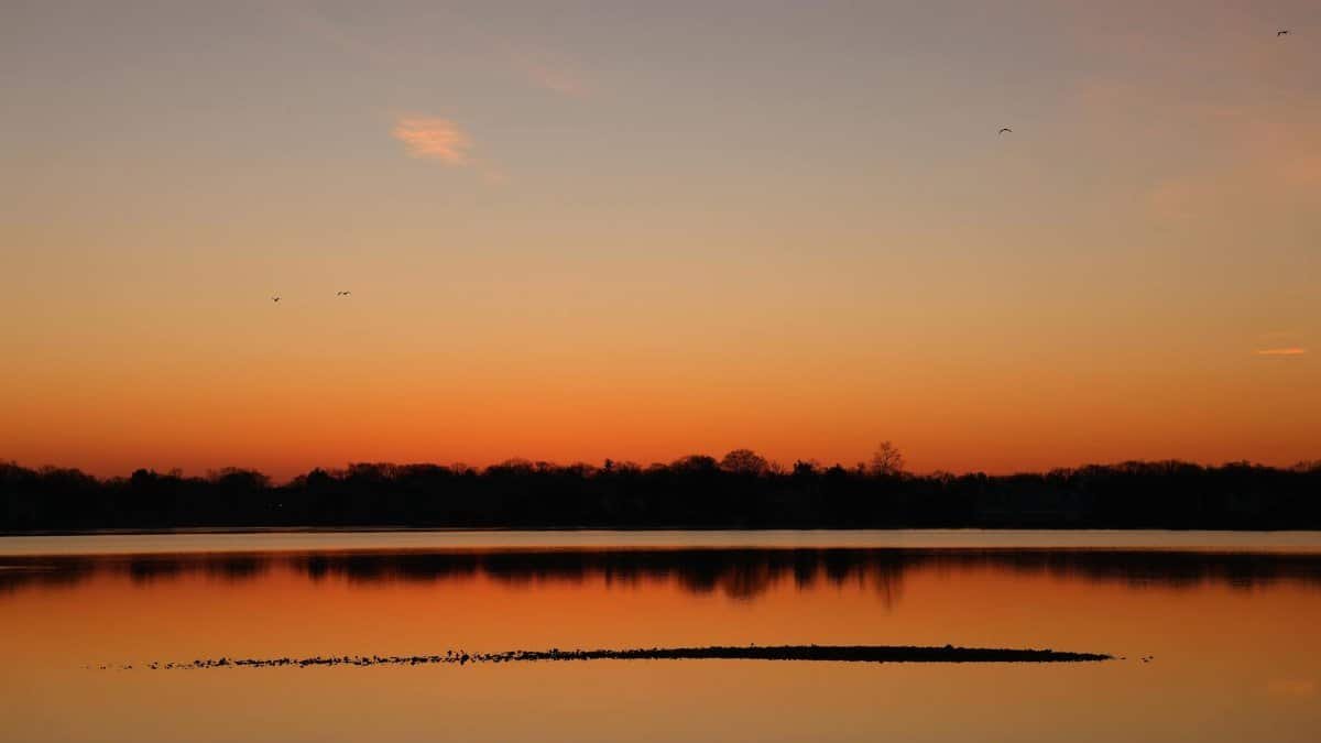 Peaceful orange sunset over Cove Island Park in Stamford, Connecticut.