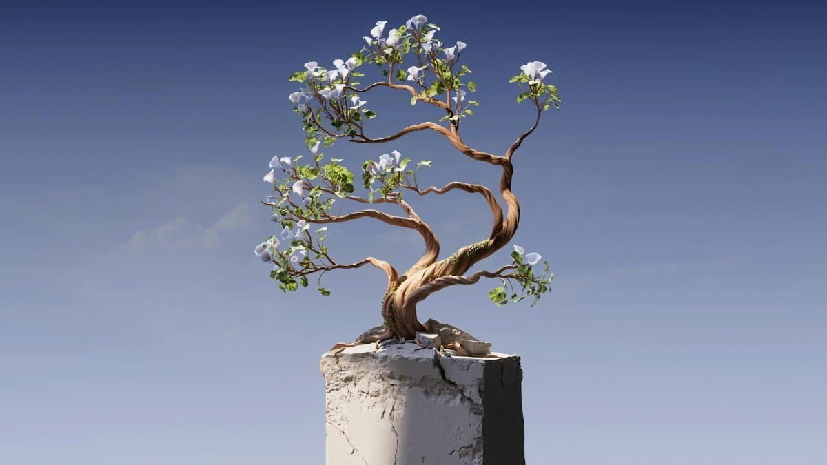 A delicate bonsai tree blossoms on a concrete pedestal under a clear blue sky.