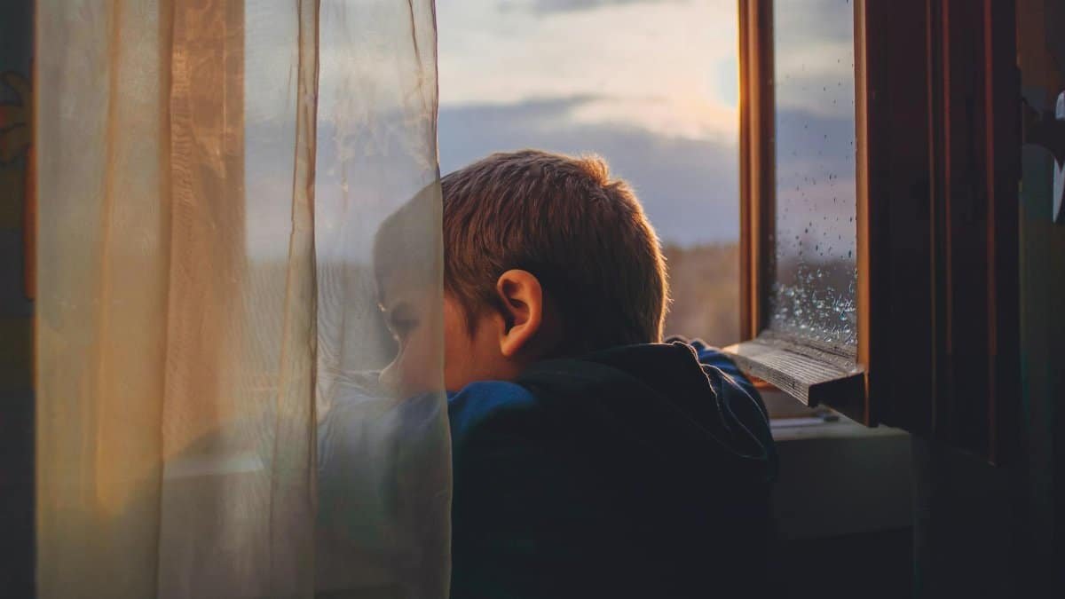 Young boy looking through window, captured during a tranquil sunrise indoors.