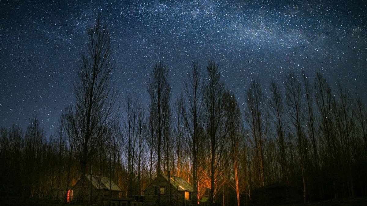 Scenic view of wooden cottages under the starry night sky in Inner Mongolia, China.