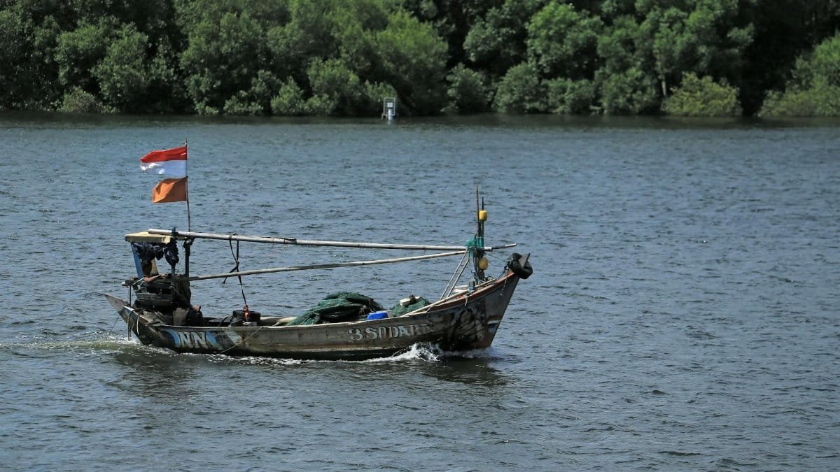 A small fishing boat with flags navigates a calm river surrounded by lush greenery.