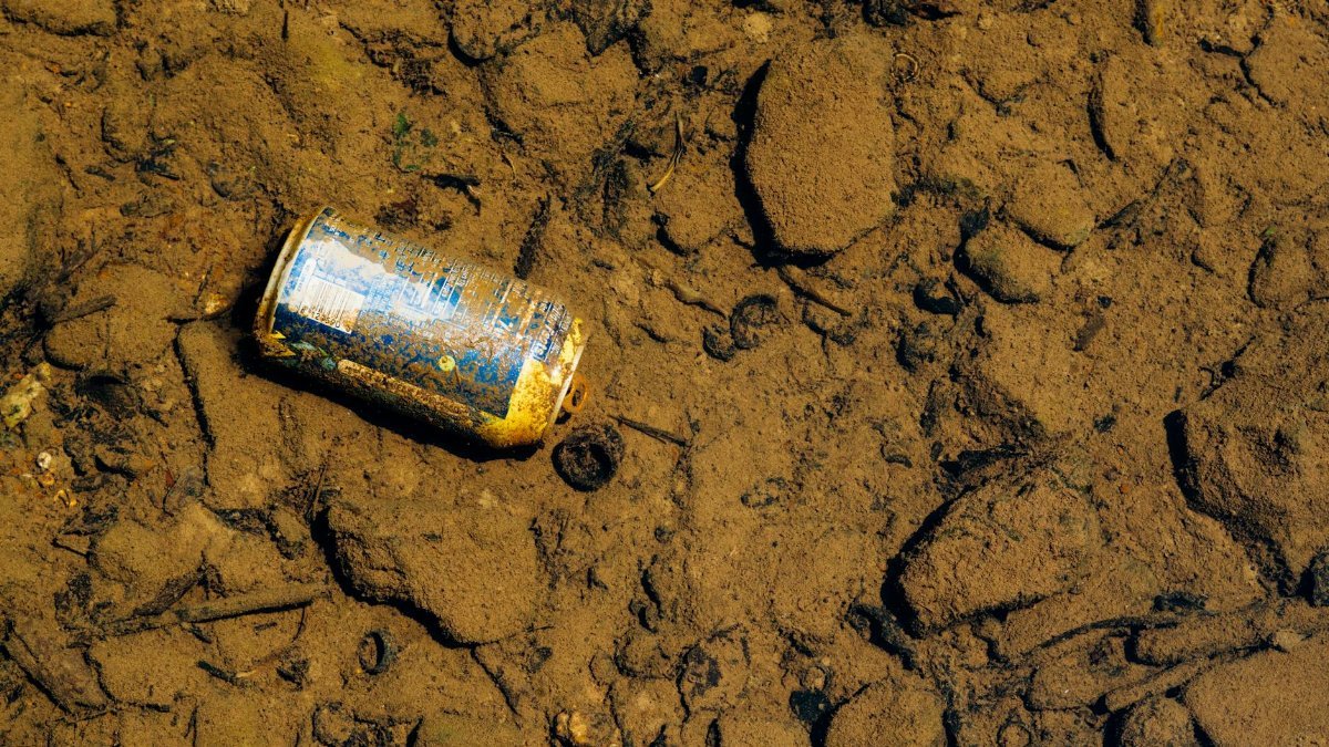 A lone can rests on a muddy surface, highlighting pollution and environmental impact.