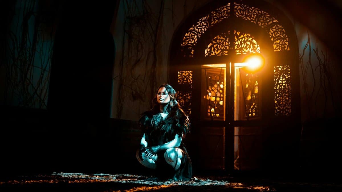A woman in black attire kneels in dramatic lighting with ornate door backdrop.