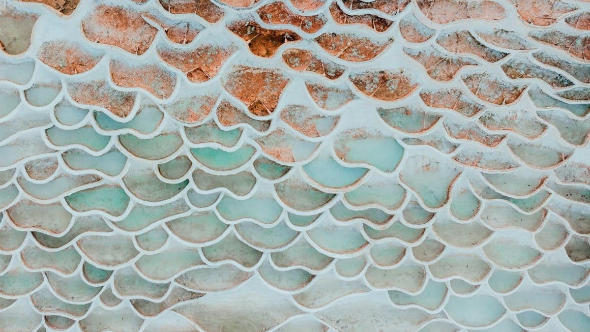 Intricate pattern of travertine formations at Egerszalók thermal springs in Hungary.