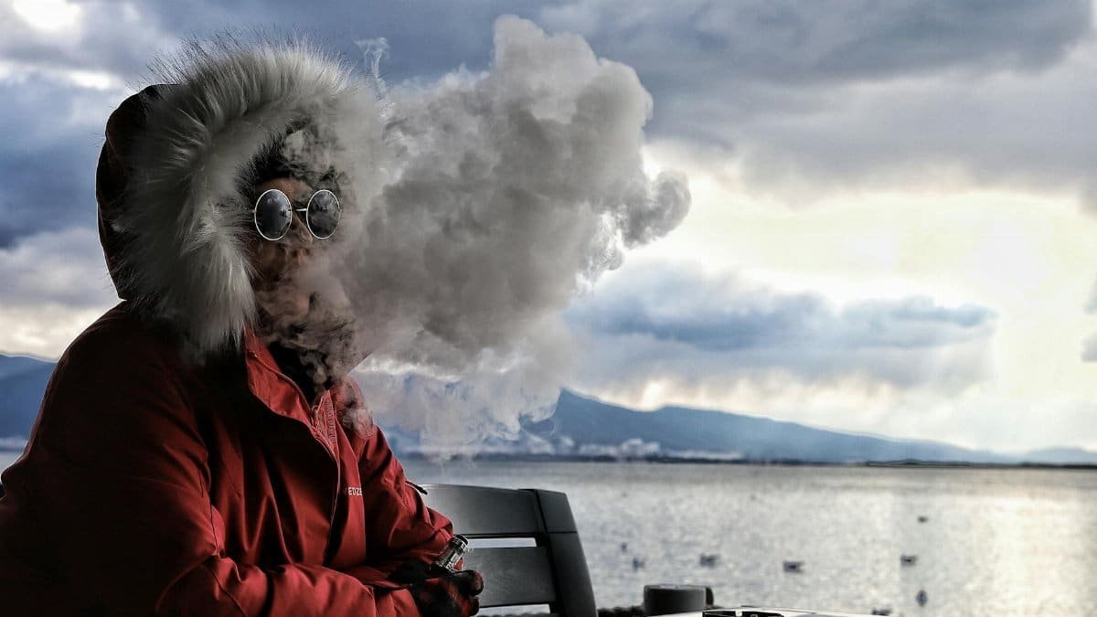 A person in a winter coat vaping outdoors by a lake under a cloudy sky.