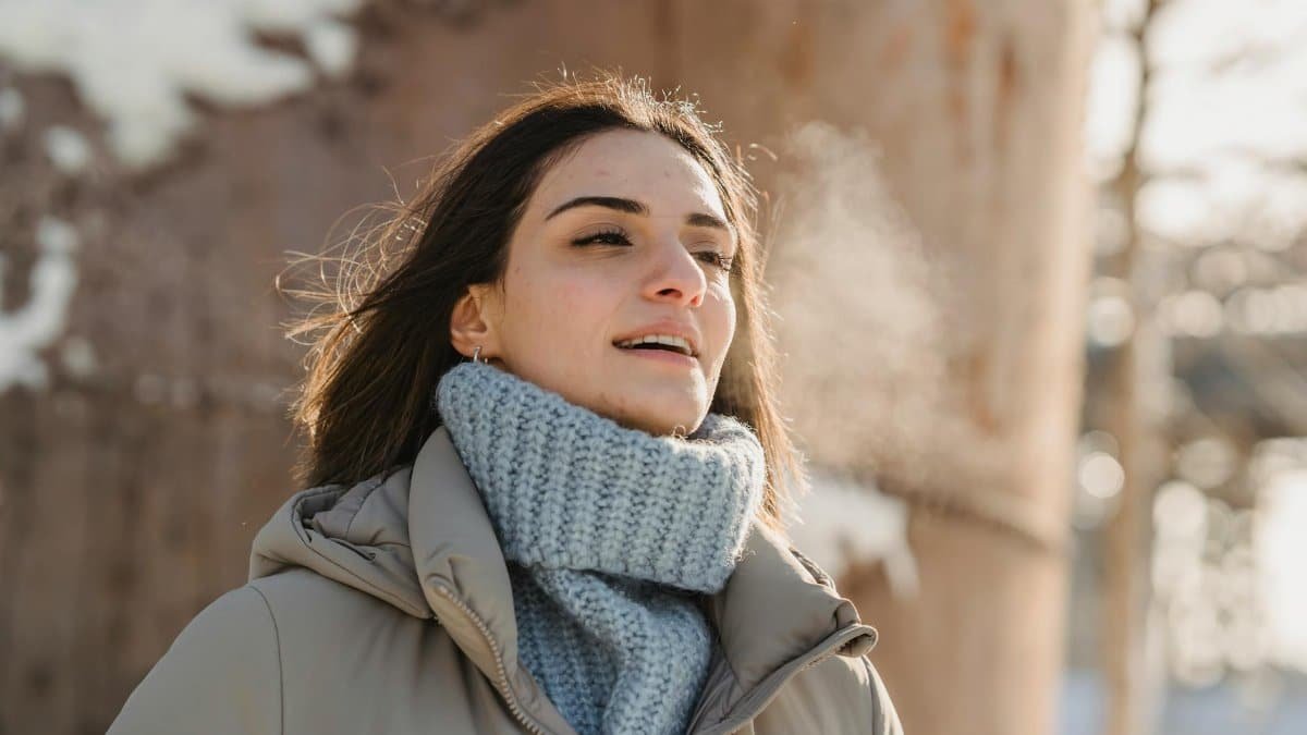 A serene young woman in warm clothing enjoys a sunny winter day outdoors, exhaling visible breath.