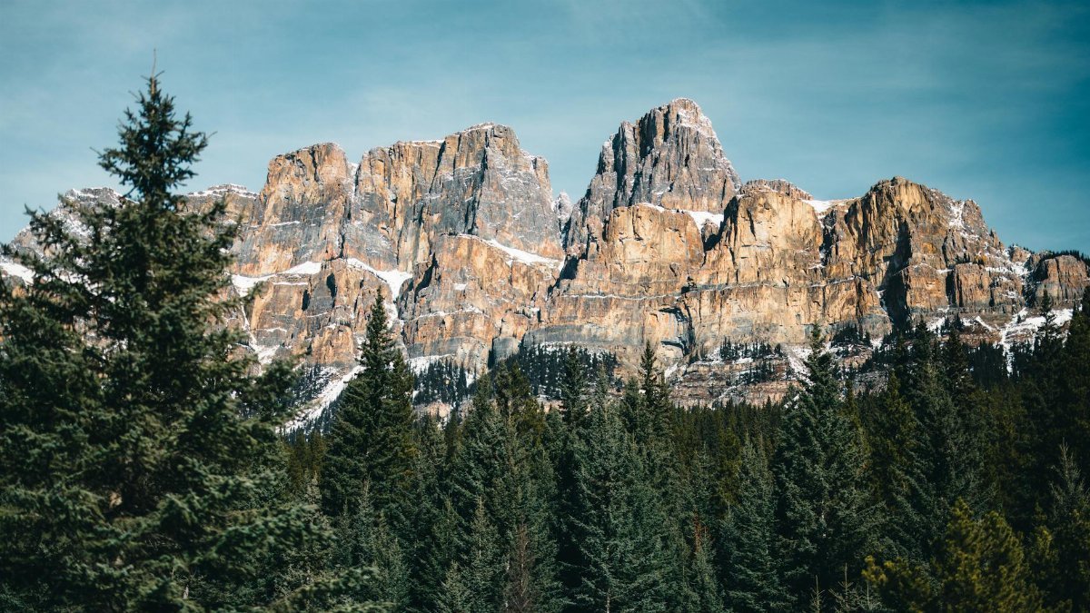 Stunning view of Castle Mountain surrounded by lush forest in Jasper National Park.