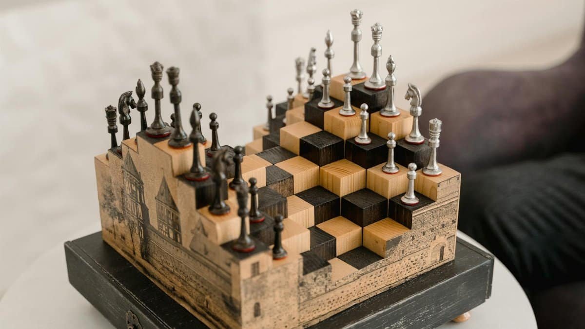 Artistic chess set with 3D pieces on an intricate wooden board indoors.