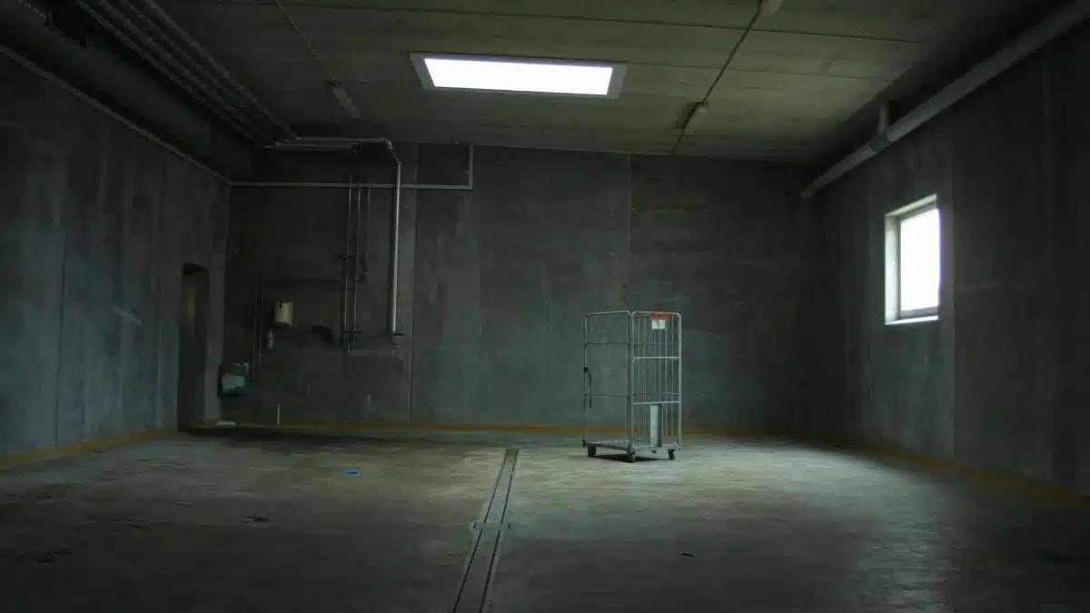 Dark empty industrial room with an abandoned cart, highlighting isolation and emptiness.