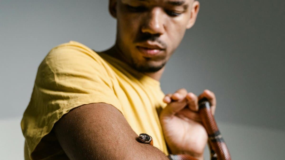 A man faces his fear by holding a snake, symbolizing courage and personal growth.