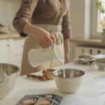 A person pours milk into a bowl, preparing ingredients on a kitchen island for baking.