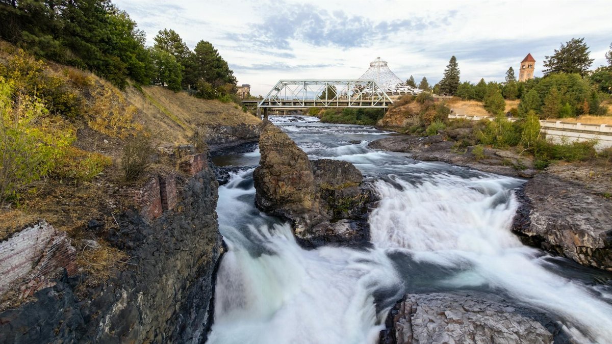 Scenic view of waterfalls and bridge on Spokane River, Washington.