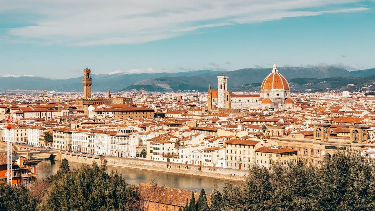 Beautiful aerial view of Florence's iconic skyline and architecture captured on a sunny summer day.